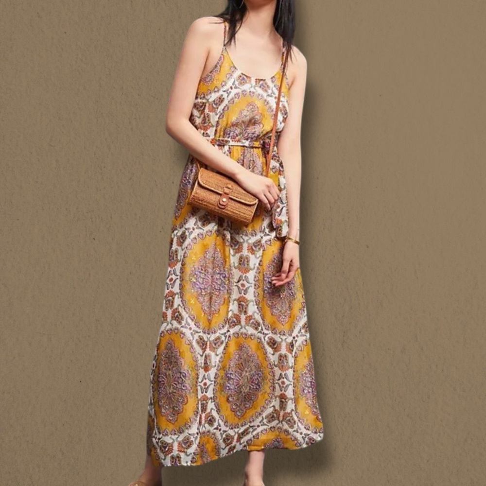 Anthropologie Akemi + Kin Metallic Detail Medallion Paisley Print Maxi Dress